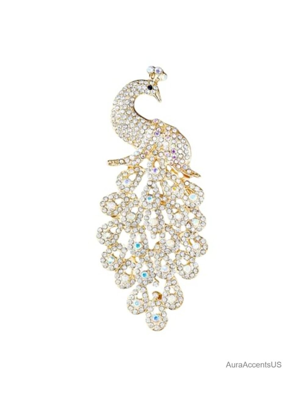 Gold Tone Rhinestone Peacock Brooch Crystal Statement Pin